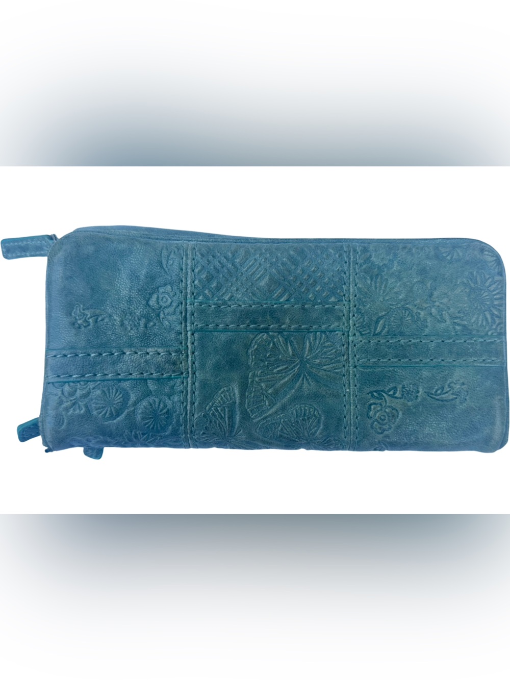 Fossil Vintage Embossed Leather Patchwork Butterfly Wallet Clutch – Teal Green i